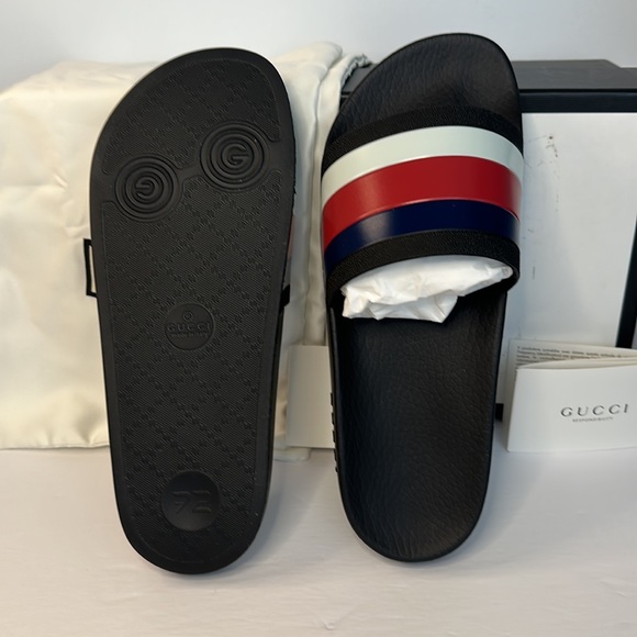 New 💯Authentic GUCCI WEB RUBBER SLIDE IN BLACK/Blue / Red &White Sandals - Picture 9 of 11
